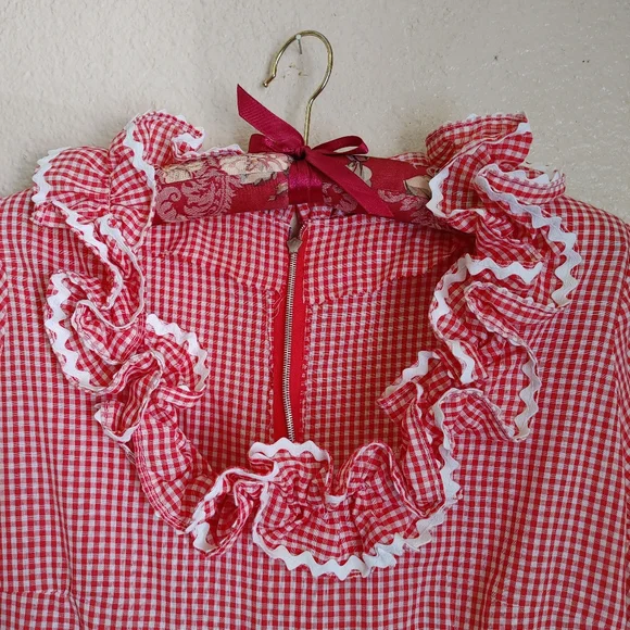 VTG Cottagecore Red Ruffled Gingham Plaid Maxi Dress Size S - Picture 4 of 11